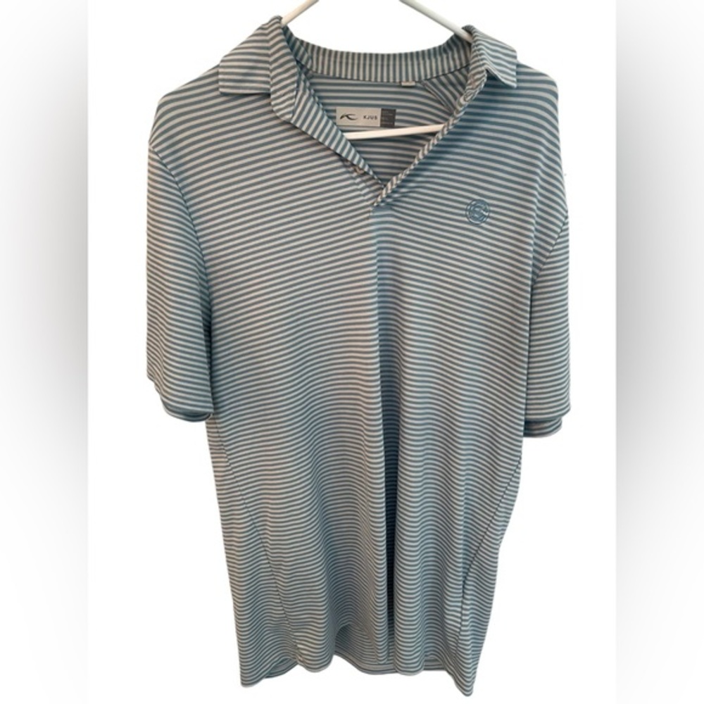 KJUS Golf Striped Polo Men’s Large Blue/ White SPF 30 SC Embroidered‎ Logo